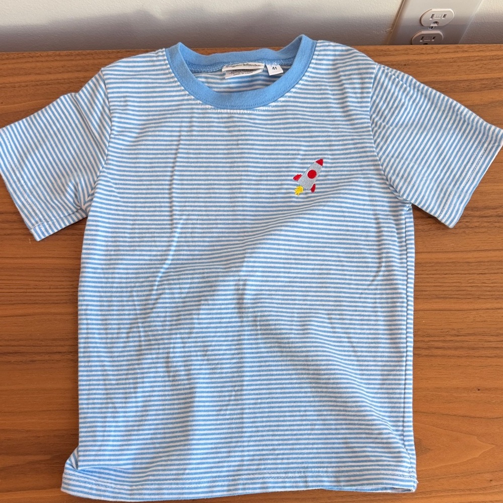 Blue Striped Kids T-Shirt with Rocket Design
